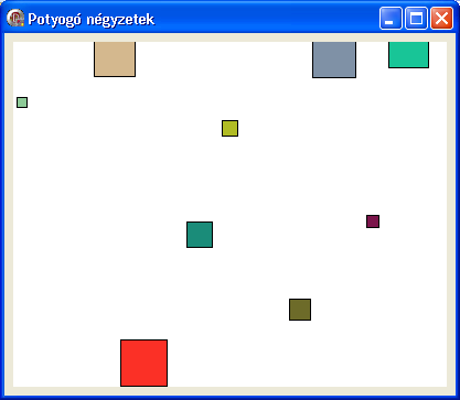 Az objektumok Mozgat metódusainak folyamatos meghívásával a négyzetek "potyogjanak" a képernyőn amíg a program fut.