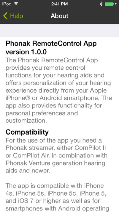 15.3 Segítség Termékinformáció Fontos információk a Phonak RemoteControl App