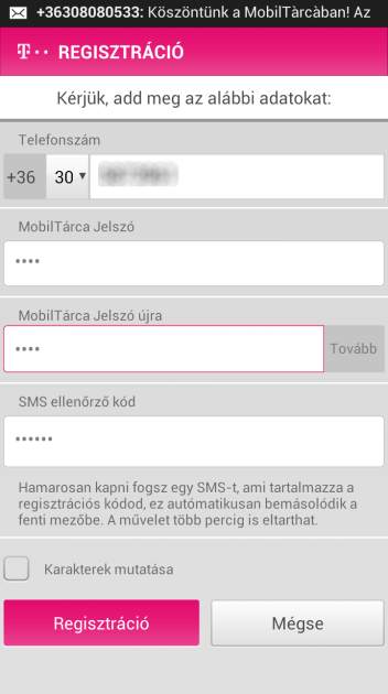 A következő képernyőn az alkalmazás a MobilTárca szerverrel kommunikálva megállapítja az Ön készülékének telefonszámát.