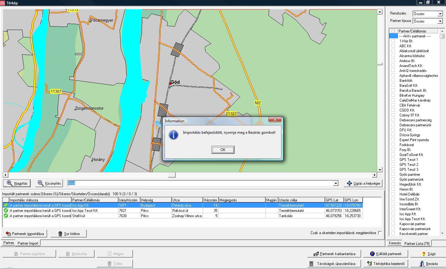 Az OK gombra kattintva megnyílik a Térkép, és a program elvégzi a az új partnerek importálását.