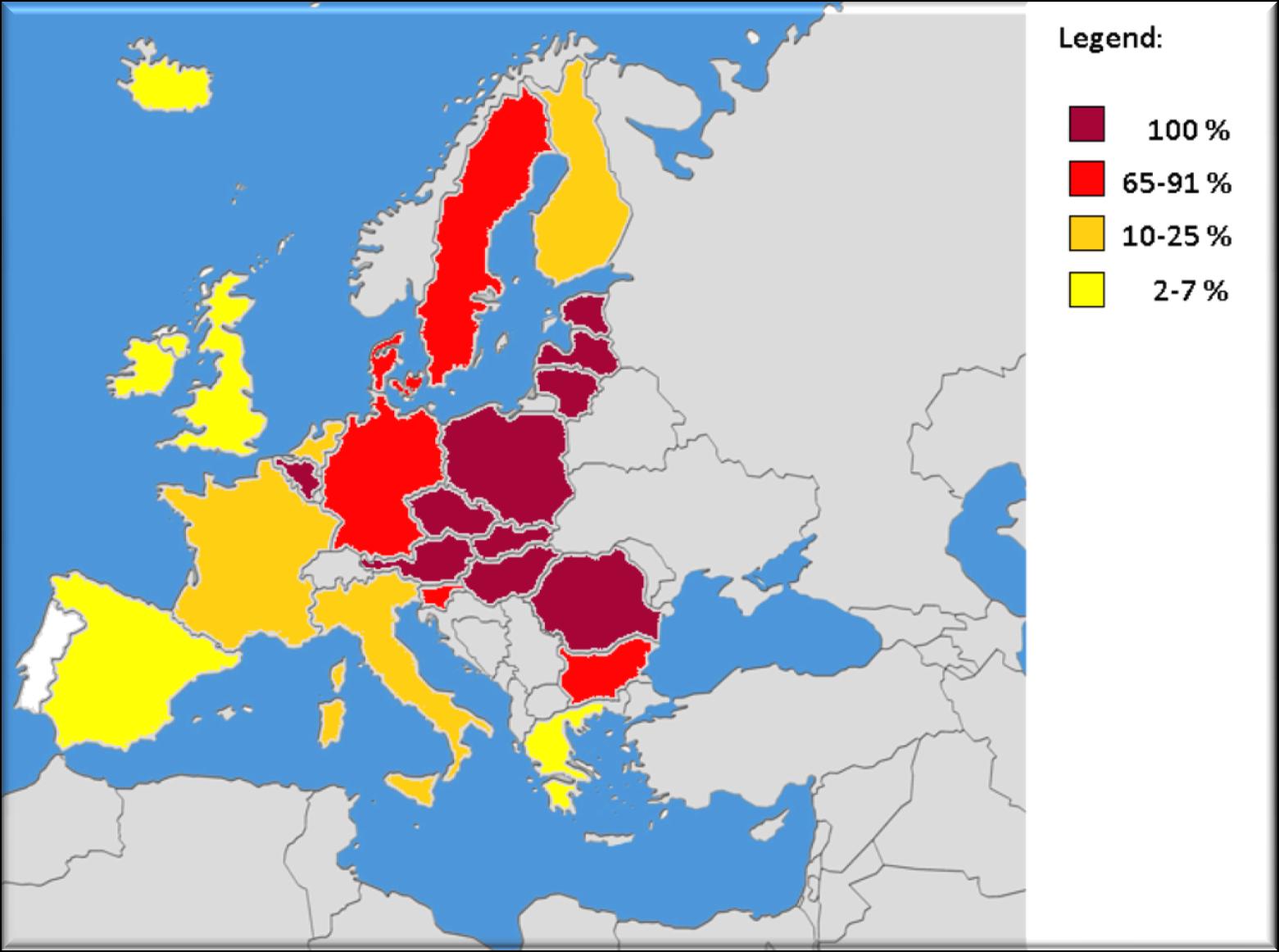 Az édesvízi akvakultúra aránya az akvakultúrában az EU országokban, 2010 -