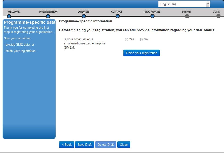 9. lépés Before finishing your registration, you can still provide information regarding your SME status.