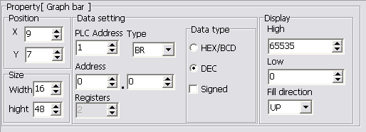 BAR GRAPH elem Alkalmazásával oszlopdiagramon megjeleníthetők különböző numerikus értékek, mint az analóg bemenetek, analóg kimenetek, analóg tárolók, DW regiszterek valamint funkcióblokk paraméterei.
