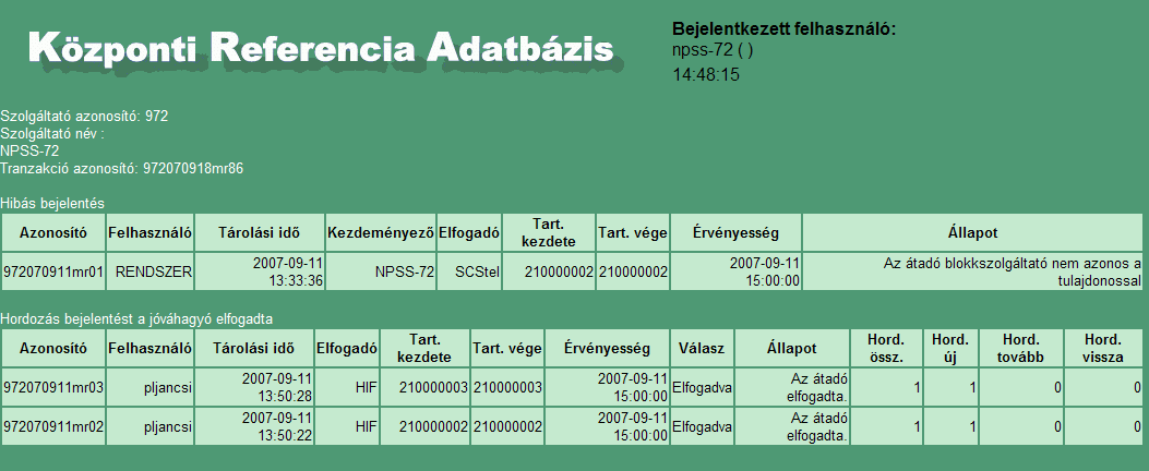 A kérésre várt válasz a szolgáltatónak szóló üzenetek listája. Ez a weblapon csoportosítva jelenik meg.