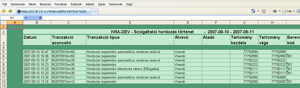 Szolgáltatói hordozás történet kimutatás Excel file-ba