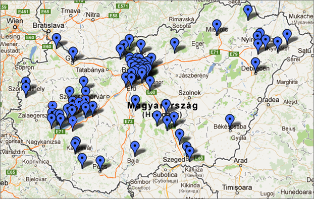 2. térkép: Termelői piacok elhelyezkedése Magyarországon (2012) Forrás: AKI (2012) adatai alapján saját szerkesztés A turisztikai térségeken kívül megfigyelhető az autópályák mentén is a sűrűsödés,