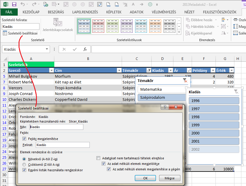 90 2013-as Excel újdonságok letelő paranccsal hozzuk létre. Ekkor megjelenik a Szeletelőeszközök Beállítások szalag is, amelynek elemeivel a szeletelő működése pontosan beállítható (lásd az ábrát).