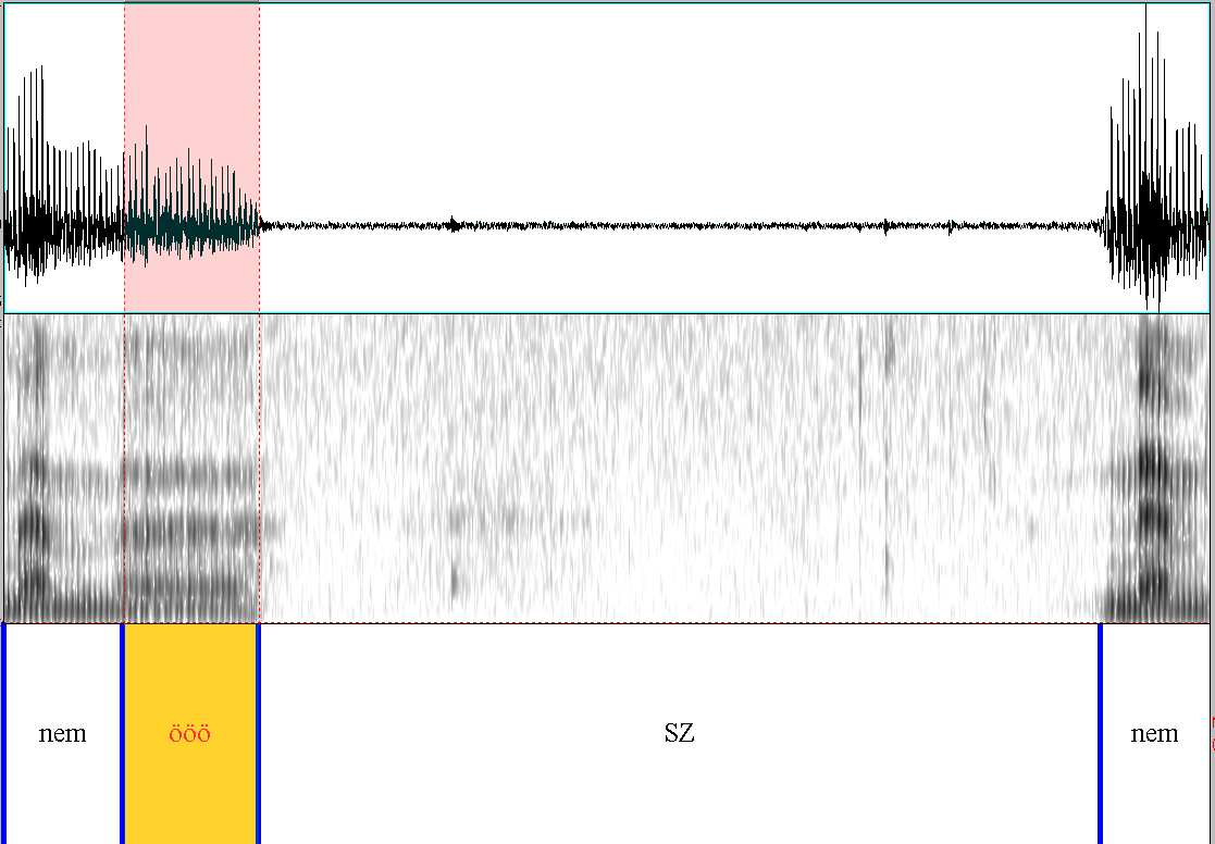 29. ábra A nem öö nem közlésrészlet rezgés- és hangszínképe A második leggyakoribb eset (24,4%) az, hogy nincs néma szünet sem a hezitálás elıtt, sem utána: a beszélı kitölti a