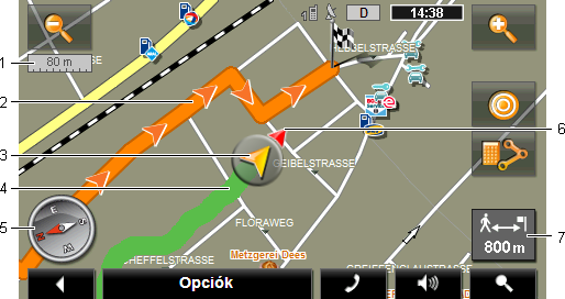 1 Itt jelenik meg az ábrázolt térképrészlet méretaránya. A vonal hossza megfelel a jelzett távolságnak. 2 A digitalizált úthálózat alapján tervezett útvonalat narancs színű jelöli a rendszer.