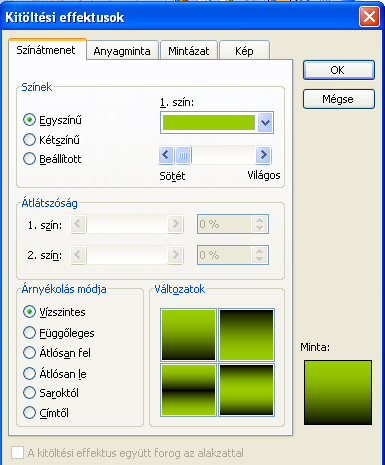 Több színű háttér készítése A Kitöltési effektusok menüre kattintva a következő ablak jelenik meg. Először be kell állítani, hogy hány színből álljon a háttér és milyen módon legyen az árnyékolás.