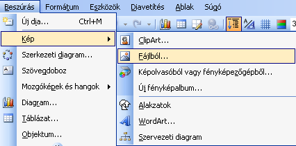Képek a bemutatóban Képek beillesztése bemutatóba 1.A Beszúrás menüszalagon található minden objektum jelölő ikon, amiket a bemutatódban el tudunk helyezni.