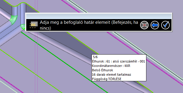 OK-val hagyjuk jóvá a beállításokat. Ennek hatására az Edgecam kéri, hogy válasszunk megmunkálandó felületeket. Válasszuk ki a 3D zsebet, majd jobb klikk.