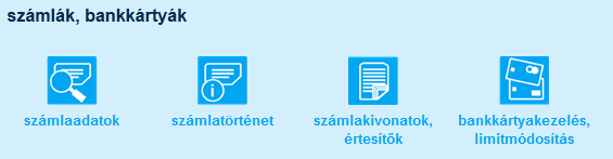 8 számlák, bankkártyák elosztóoldal K&H lakossági e-bank ezen az elosztóoldalon az alábbi funkciók közül választhat: Az egyes menüpontokat a megfelelő ikonra való kattintással indíthatja el.. 8.