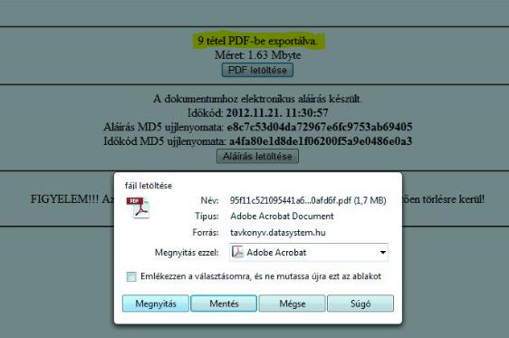 Elkészült PDF exportfájl első oldala, amely tartalmazza az időbélyeg-, digitális