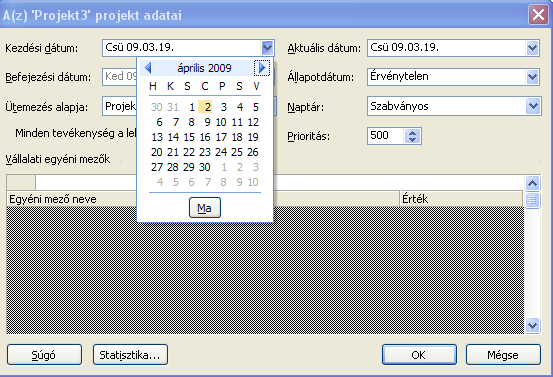 Állítsuk be a projekt kezdetét! (Projekt/Projekt adatai) Állítsuk be a munkanaptárat!
