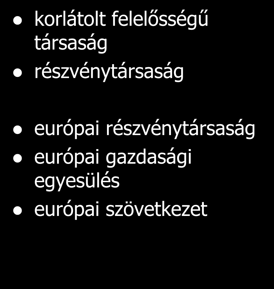 Társasági formák Személyegyesülések közkereseti társaság betéti társaság Tőkeegyesülések korlátolt