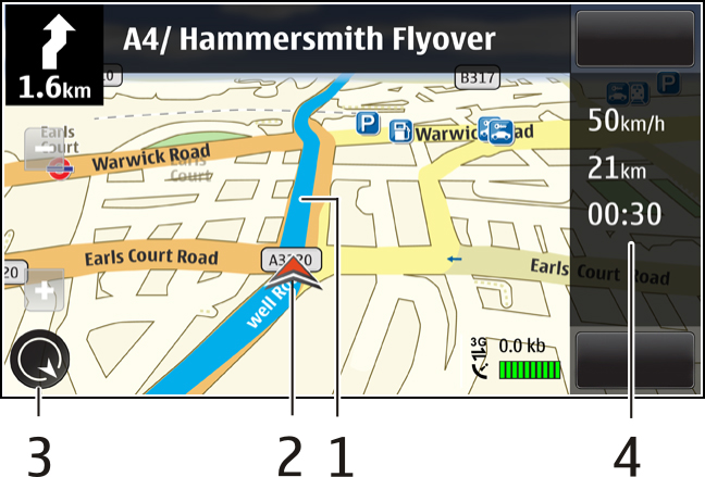 Térképek A beszédhangos irányítás hangerejének beállítása autós navigáció esetén A navigációs nézetben válasszuk az Opciók > Hangerő Egy adott célállomás elérése Ha autóvezetés közben útpontonkénti