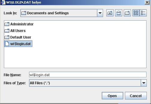 Ki kell választani a megfelelő könyvtárat, a wi$login.dat-ot, majd az Open-re kattintani. Ha helyesen járt el, akkor a Biztonsági állomány: érvényes felirat olvasható.