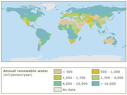 Forrás: 1: A világ helyzete 1993 2: ENSZ WWDP megújuló vízkészlet (m 3 /fő/év) ország 1992 1 2000 2 2010 1 leginkább vízhiányos országok Kuvait 0 10 0 Egyesült Arab Emirátus 120 58 60 Bahama-szigetek