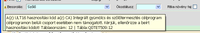 AKG célprogram keretein belül nem támogatott, a hasznosítás előtt figyelmeztető hibát jelző sárga háromszög jelenik meg.