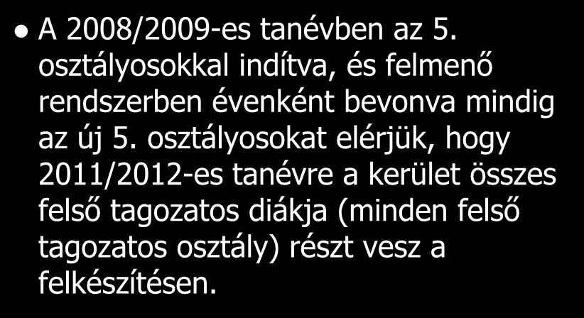 X. kerület A 2008/2009-es tanévben az 5. osztályosokkal indítva, és felmenő rendszerben évenként bevonva mindig az új 5.