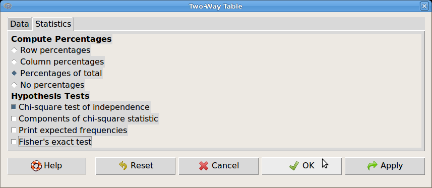31. ábra. Kétdimenziós kontingencia-táblák: Statistics Contingency tables Two-way table... 32. ábra. Kontingencia-táblák készítése és elemzése: Statistics Contingency tables Two-way table.