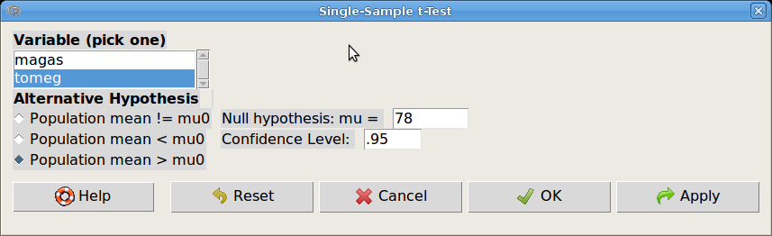 10. Hipotézisvizsgálatok: átlagok elemzése Átlagok elemzésére szolgáló eljárásokat a Statistics Means menüben találunk (36. ábra). 36. ábra. Átlagok elemzése: Statistics Means 10.1. Egymintás t-próba Példánkban az vizsgáljuk egymintás t-próbával (Statistics Means Single sample t-test.