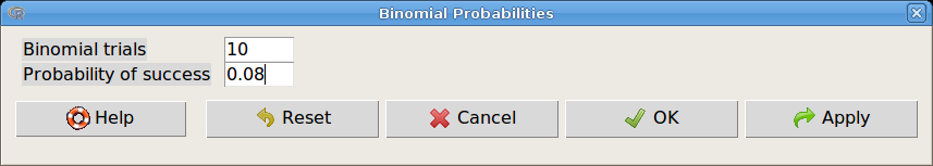 A kvantilis meghatározásához a következőket kell megadni: Probabilities Valószínűségek (vesszővel elválasztva) Binomial trials Kísérletek száma Probability of success A bekövetkezés valószínűsége