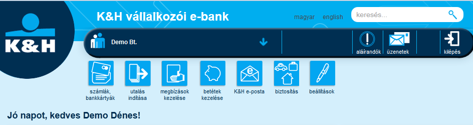 K&H vállalkozói e-bank fejlécében elérhető funkciók: a képernyő fejlécében az alábbi funkciókat érheti el: ügyfélválasztó: ebben a mezőben jelenik meg, hogy Ön mely ügyfél számláit kezeli éppen.
