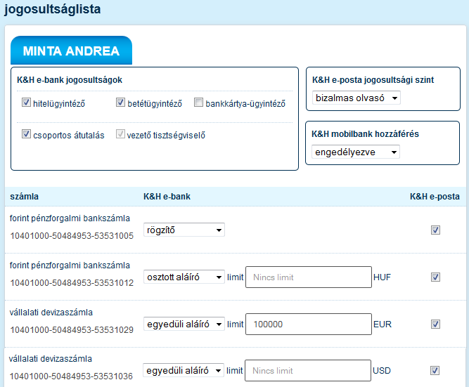 11.14 jogosultságok beállítása / módosítása / törlése Ezen az oldalon a K&H vállalkozói e-bank és K&H e-posta felhasználók jogosultságainak az adminisztrációja történhet.