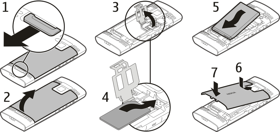 10 Kezdő lépések 1 Távolítsuk el a hátlapot és az akkumulátort. 2 Nyissuk ki a SIM-kártya tartóját. 3 Helyezzük be a SIM-kártyát a tartóba, csatlakozófelülettel lefelé. 4 Csukjuk be a kártya tartóját.