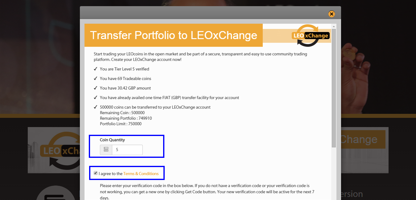 5. Megjelenik a képernyőn a Portfólió átvezetése a LEOxChange-re ( Transfer Portfolio to LEOxChange ) egy felugró ablakban.