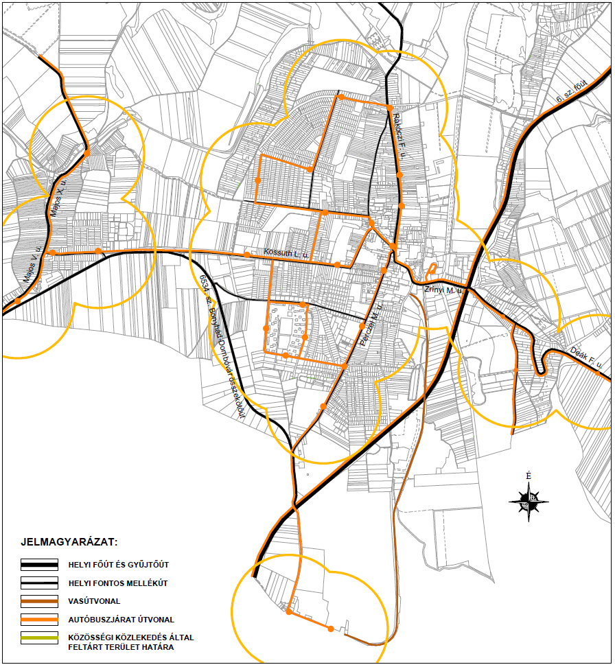 130-1.15-2. ábra: Bonyhád belterület közúti hálózata A településhez tartozó országos közutak, valamint a helyi fő- és gyűjtőutak mind 2x1 forgalmi sávosak.