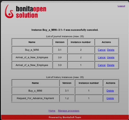 A Bonita API használata 15.4. ábra. A processes.jsp lap kinézete 15.5. ábra. Az instances.jsp lap kinézete 1 // 15 11. Programlista : p r o c e s s e s.
