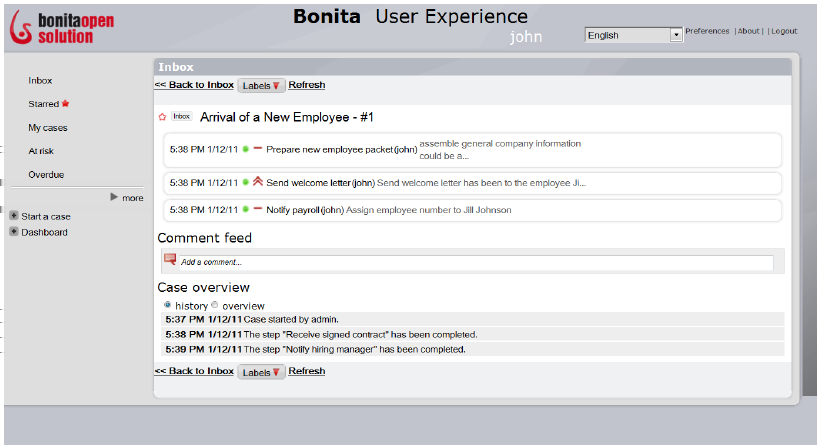 Bonita - Az egységes feladatkosár 7.3. ábra. User Experience - A felhasználó nézete 7.4. ábra. Az ügyek és feladatok áttekintése Az ügyek (case, task) áttekintése, kezelése Amennyiben az inbox egyik sorára kattintunk, úgy a 7.