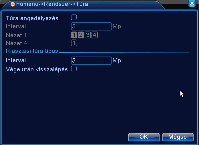 [Nézet1] melyik kamera képe látszódjon [Intervall] mekkora időközönként váltakozzon a kamerák képe [Vége után visszalépés] engedélyezve a túra után visszaáll alapállapotba 23. ábra Túra beállítás 10.