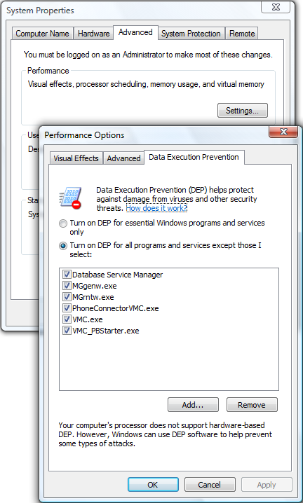Újdonságok a Vista biztonsági rendszerében OptOut A DEP minden futtatható állományt felügyelete alatt tart, de a rendszergazdák a Control Panel/System/Performance lapján kivételeket képezhetnek a