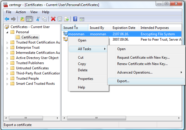 A biztonsági rendszer összetevői Az EFS-tanúsítványt a Certificate Managerből exportálhatjuk ki, melyet a certmgr.msc paranccsal indíthatunk.
