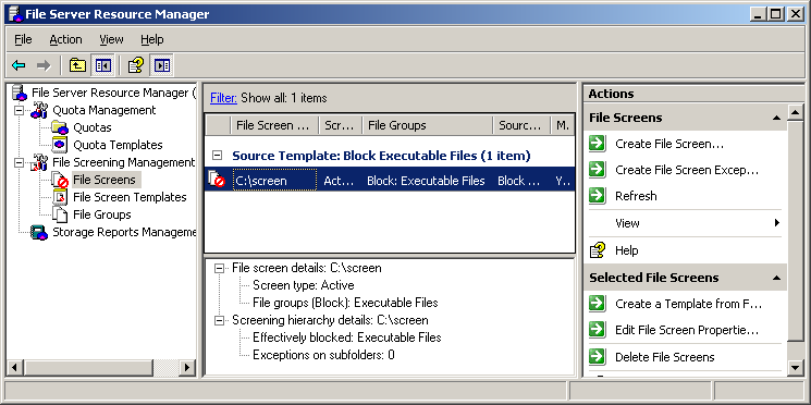 Kiszolgáló a hálózatban Windows Server 2003 R2 Fájlok szűrése (File Screening) A fájlszűrés segítségével kötet, illetve mappaszinten korlátozhatjuk a tárolható fájlok típusát, vagyis