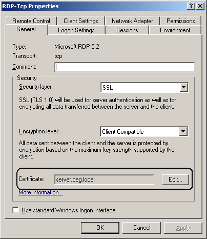 Kiszolgáló a hálózatban Windows Server 2003 R2 RDP over SSL A Windows Server 2003 SP1 verziójában jelent meg az a lehetőség, hogy SSL (Secure Socket Layer) protokollt használhatunk az RDP-kapcsolódás