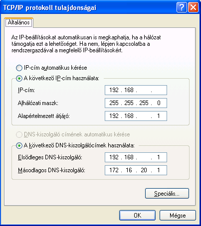 Internet kapcsolat beállítása Hálózat beállítása: Az Internet kapcsolat egy ethernet hálózaton keresztül valósul meg. Ennek beállításához az alábbi mőveletek szükségesek.