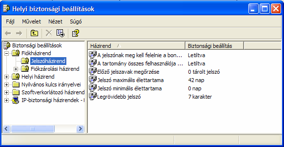 Munkacsoport esetében az egyes munkaállomásokra külön kell beállítani a jelszó-házirendet, a Start/felügyeleti eszközök/helyi biztonsági házirend programmal. 14.