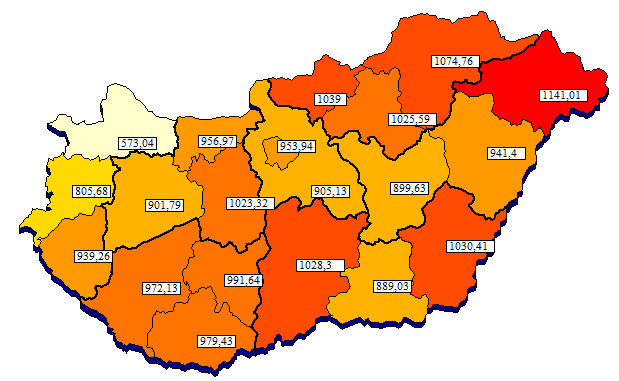 10 ezer lakosra jutó elszámolt ápolási nap területi megoszlása a beteg lakóhelyének