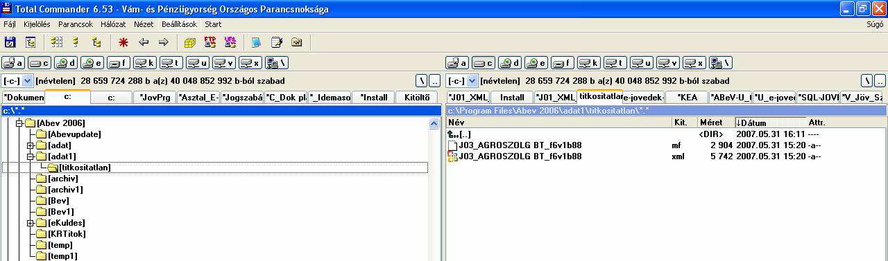A példánkban szereplı titkosítatlan file elérési útja: C:\Program Files\Abev 2006\adat1\titkositatlan\ J03_AGROSZOLG BT_f6v1b88.
