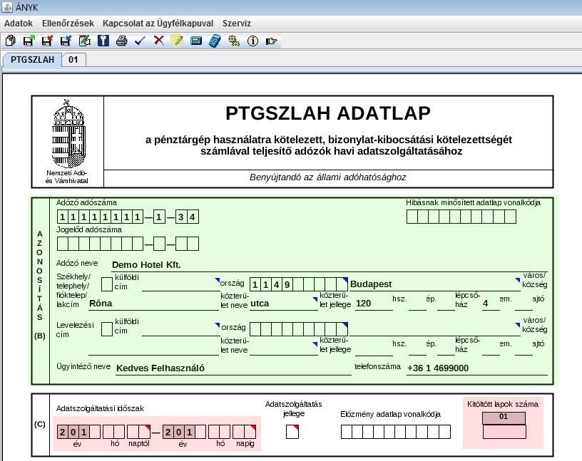 2. PTGSZLAH adatlap 2.1. Előlap Az előlap az adóalany általános adatait, az adatszolgáltatás időszakát és a beadandó lapok számát tartalmazza.