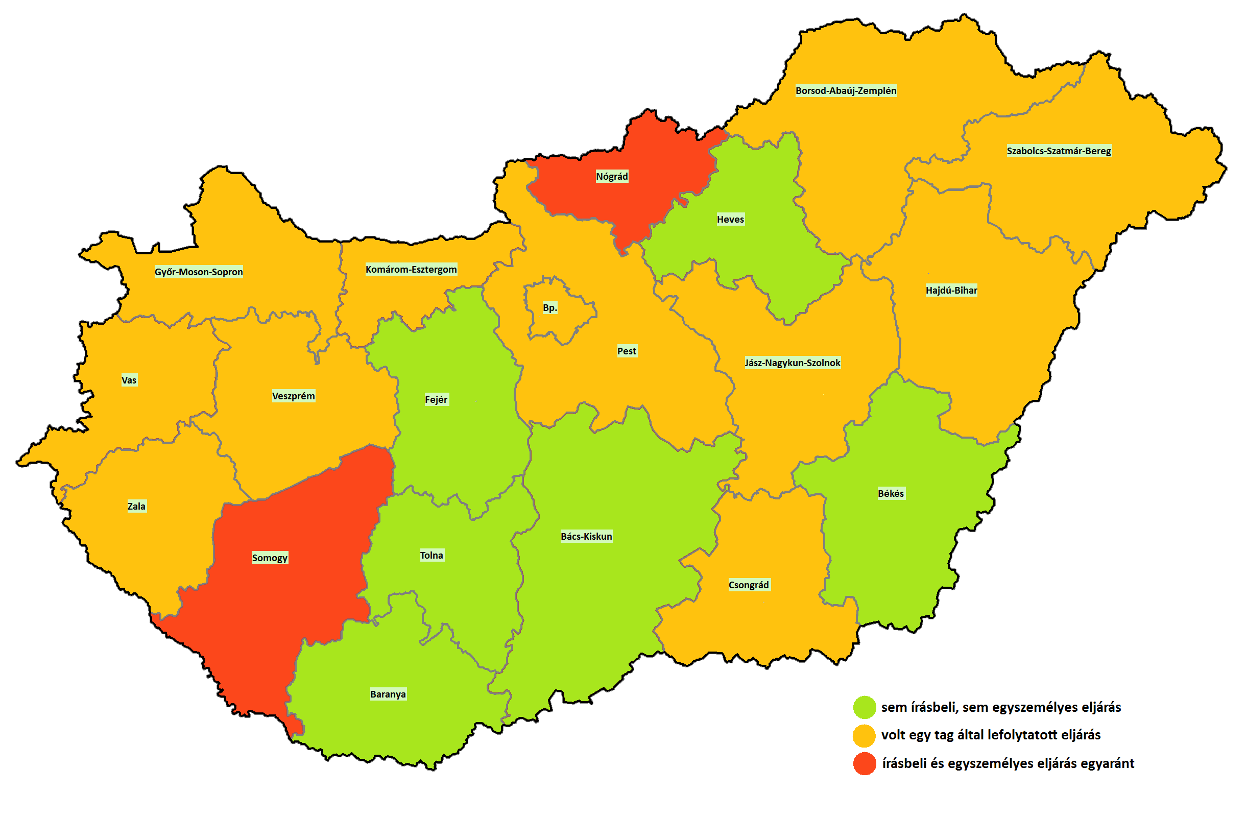 6.1. térkép: Írásbeli és egyszemélyes eljárások Írásbeli és egyszemélyes eljárások, 2009 (A térkép nem indikálja az ügyszámot: az alkalmi és a rendszeres előfordulások egyként kerültek feltüntetésre.