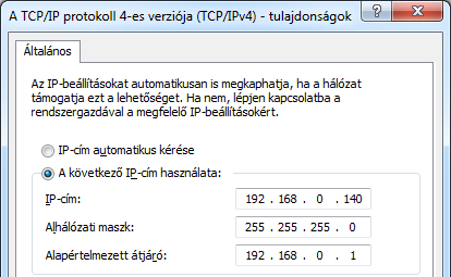 megosztási központ Adapterbeállítások módosítása Helyi kapcsolat Tulajdonságok TCP/IP Protokoll 4 tulajdonságok. Ott válassza a Következő IP cím használata kapcsolót és állítson be egy IP címet.