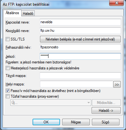 Az "OK" gombra kattintva mentheti el a kapcsolatot, majd a csatlakozást az FTP-hez a "Kapcsolódás" gombbal kezdeményezheted.