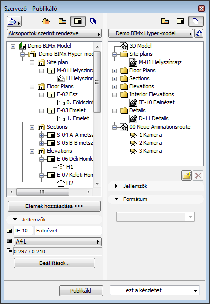 BIMx Hipermodell mentése vagy feltöltése APublikáló használata a BIMx Hipermodell létrehozására Publikálókészlet létrehozása Használja a Publikáló szervezőjét a kívánt Publikálókészlet