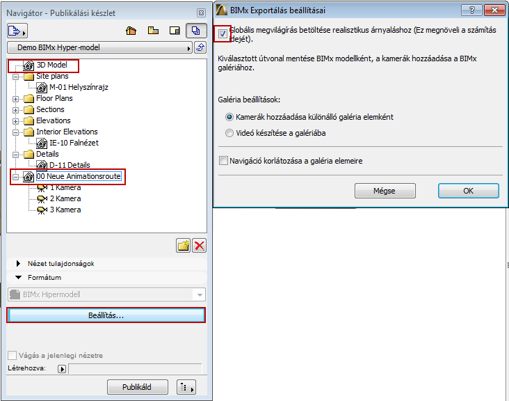 BIMx Hipermodell mentése vagy feltöltése közül. Ha a Beállításokra kattint, megjelenik a BIIMx Exportálás beállításai párbeszédablak, amelyben megtalálja a Globális megvilágítás opciót.